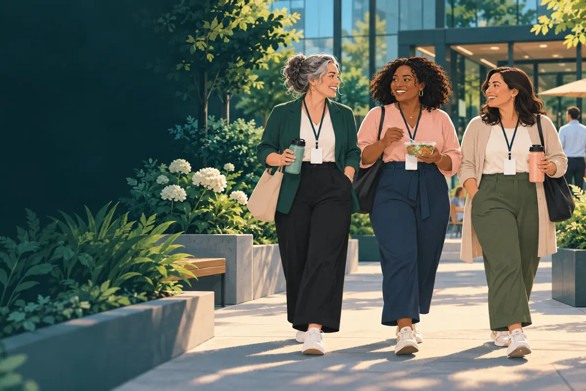 Illustration: three coworkers walking outside their office at lunchtime.